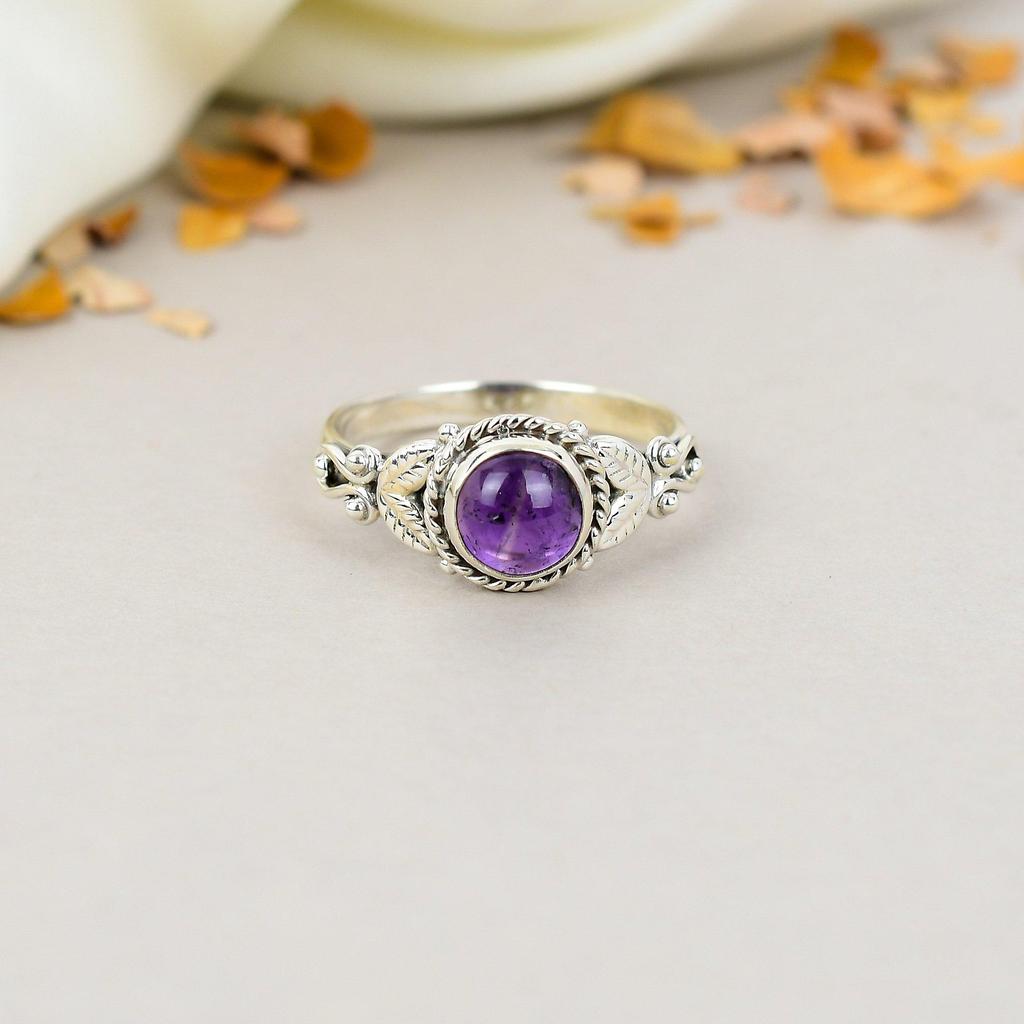 Amethyst Gemstone 925 Sterling Silver Round Handmade Jewelry Boho Ring For Women