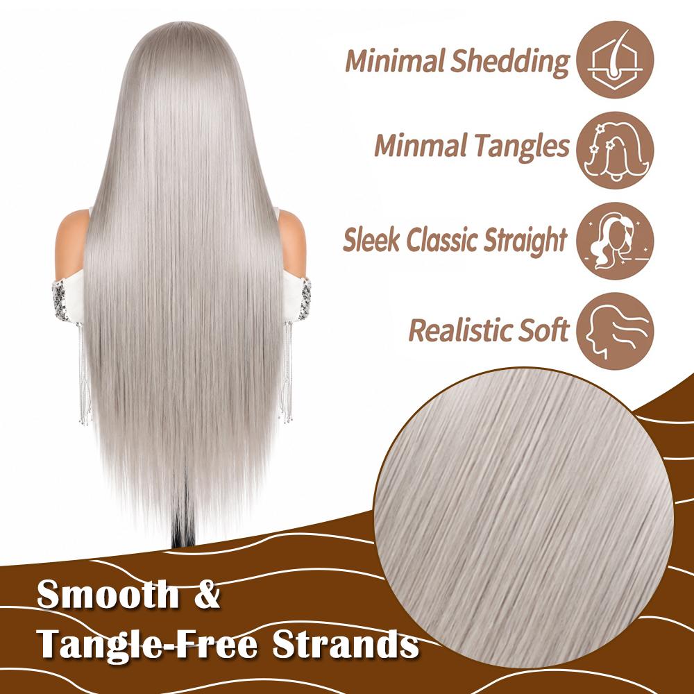 13x4 Transparente Spitze Front Silber Grau Seidig Gerade Perücke, Hitzebeständig Synthetisch Natürliche Textur für Tägliches Party Cosplay