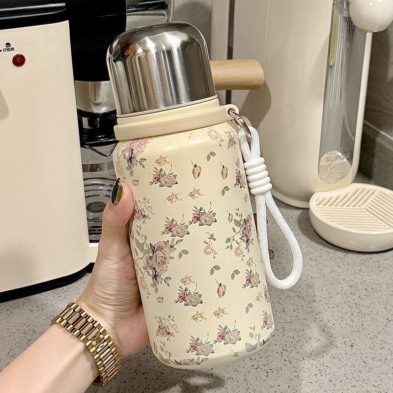 Chinese Style Rose Peony Insulated Cup with Lanyard, Large Capacity, Portable, Tea Separation Feature, Exquisite Stew Pot Design