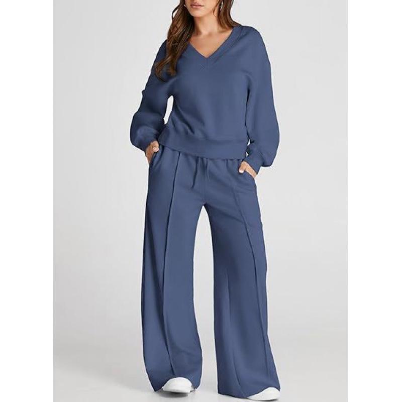 Conjunto Casual de Sudadera de Color Sólido con Cuello en V y Pantalones Largos para Mujer Otoño/Invierno 2025 - Moda Europea/Americana