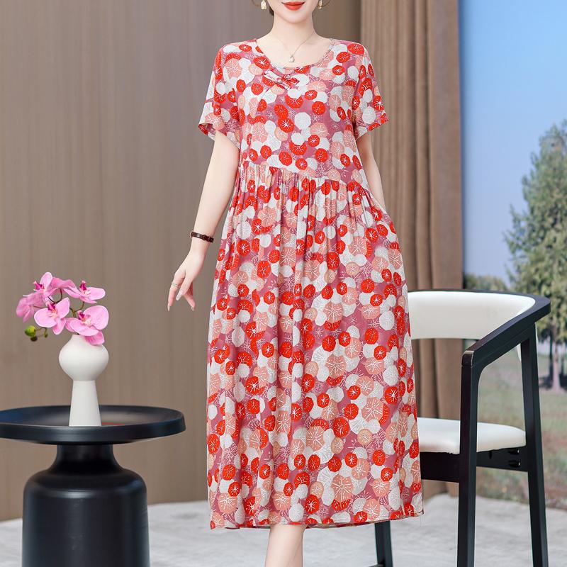 Elegant Dresses for Women Plus Size Loose Casual Vintage Print Long Dress With Sleeves Summer Middle-aged Women's Clothing