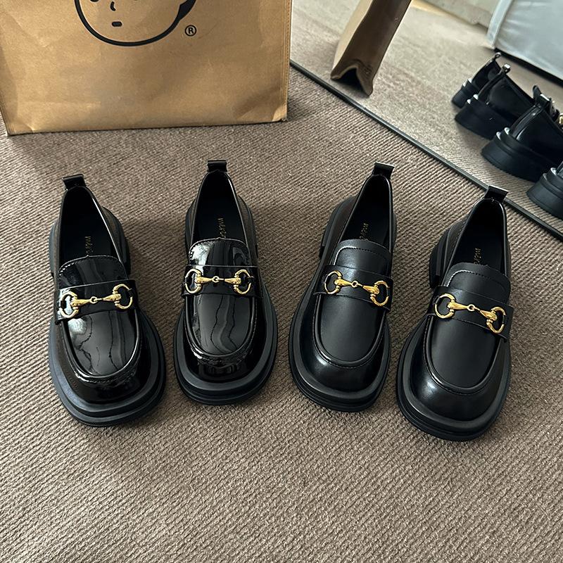 Fashion British Style Women's Breathable Loafers for Girls, Metal Buckle Versatile Soft Top Single Shoes, Small Leather Shoes for Women
