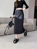 Women's Black PU Leather Midi Skirt: High-Waist, Hip-Hugging, Autumn/Winter 2025 Style.
