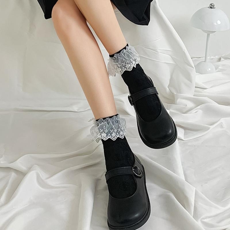 JK Girl Ruffle Lace Trim Cotton Ankle Socks Jacquard Knit Frilly Socks for Women