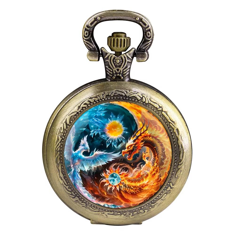 Vintage Retro Antique Dragon Phoenix Chinese Yin Yang Quartz Unisex Men Women Pocket Watch Quartz Necklace Pendant Clock Chain Classic Dial Gift