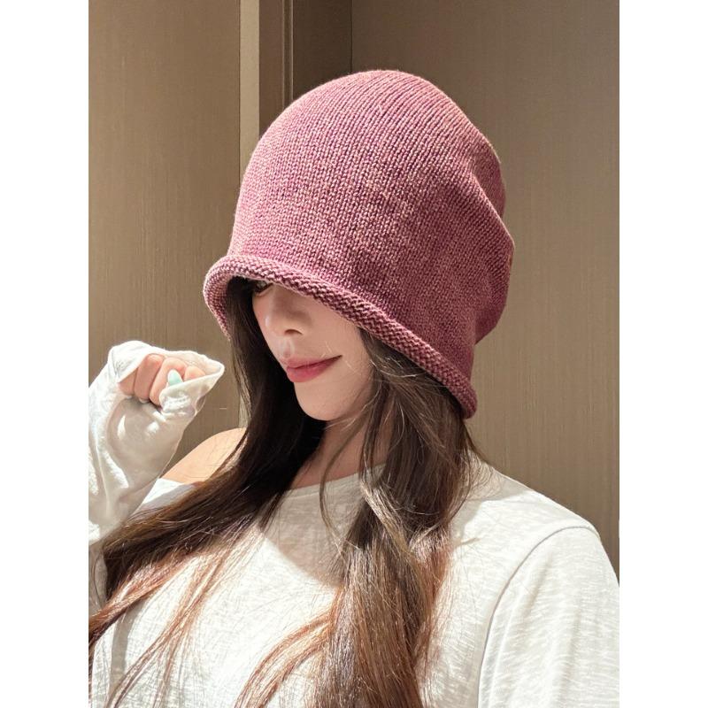 Korean Style Solid Color Knit Beanie For Women Autumn Winter Warm Slouch Hat Big Head Circumference