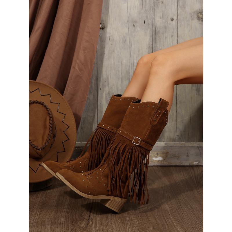 Plus Size Women's Riding Boots with Fringe Retro Style Fall/Winter New Arrival Studded Buckle Mid-Calf Boots