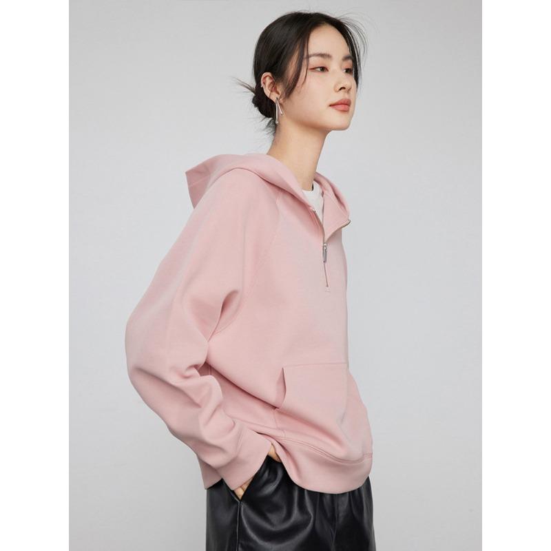 

Gray Half Zipper Sweatshirt Ladies s American Retro Air Layer Top Autumn Hooded Relaxed Fit Jacket High Quality Practical Daily Use S розовый