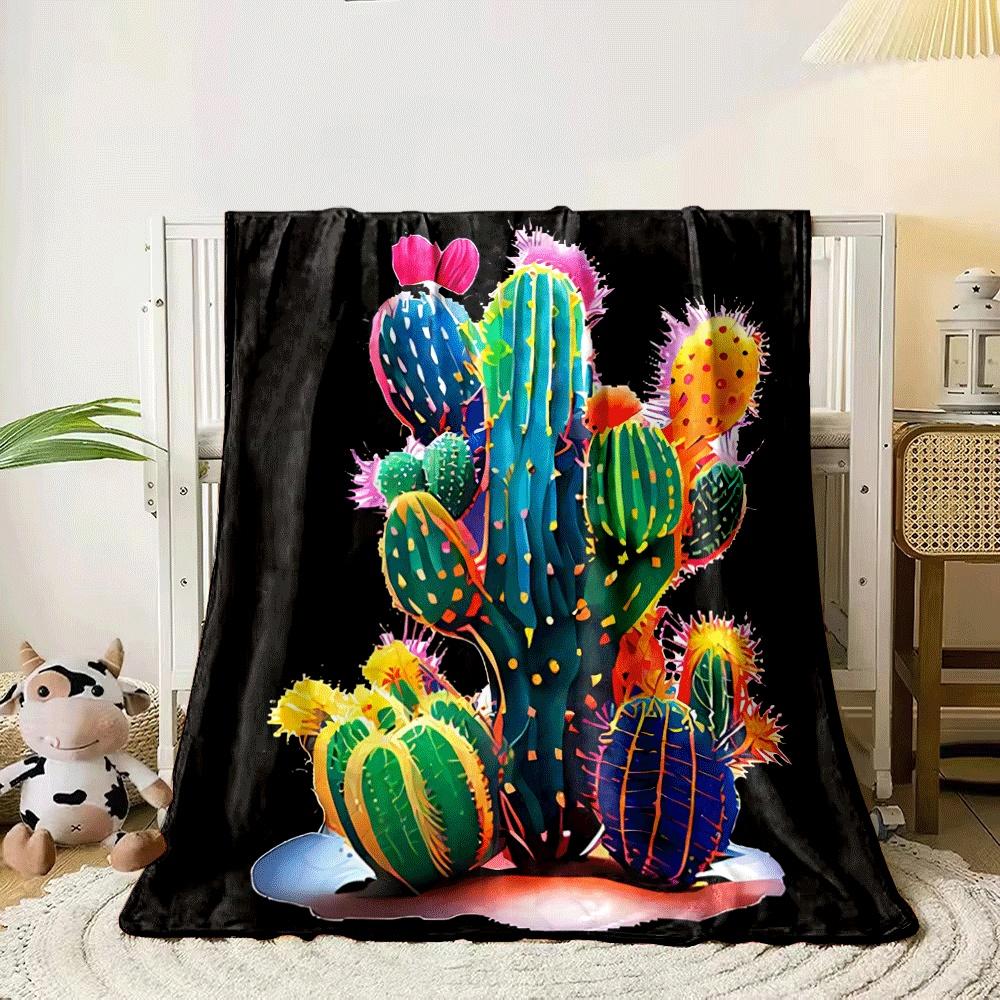 Brightly colored cacti with dotted and striped patterns on a black background. for all seasons blanket lunch break throw gift 80cm x 120cm