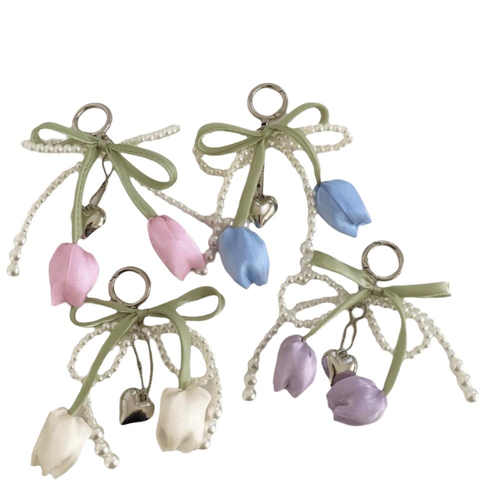 Ribbon Pearl Lace Bow Bag Accessories Tulip Lace Keychain Fashion Key Chains  Mobile Phone Chain