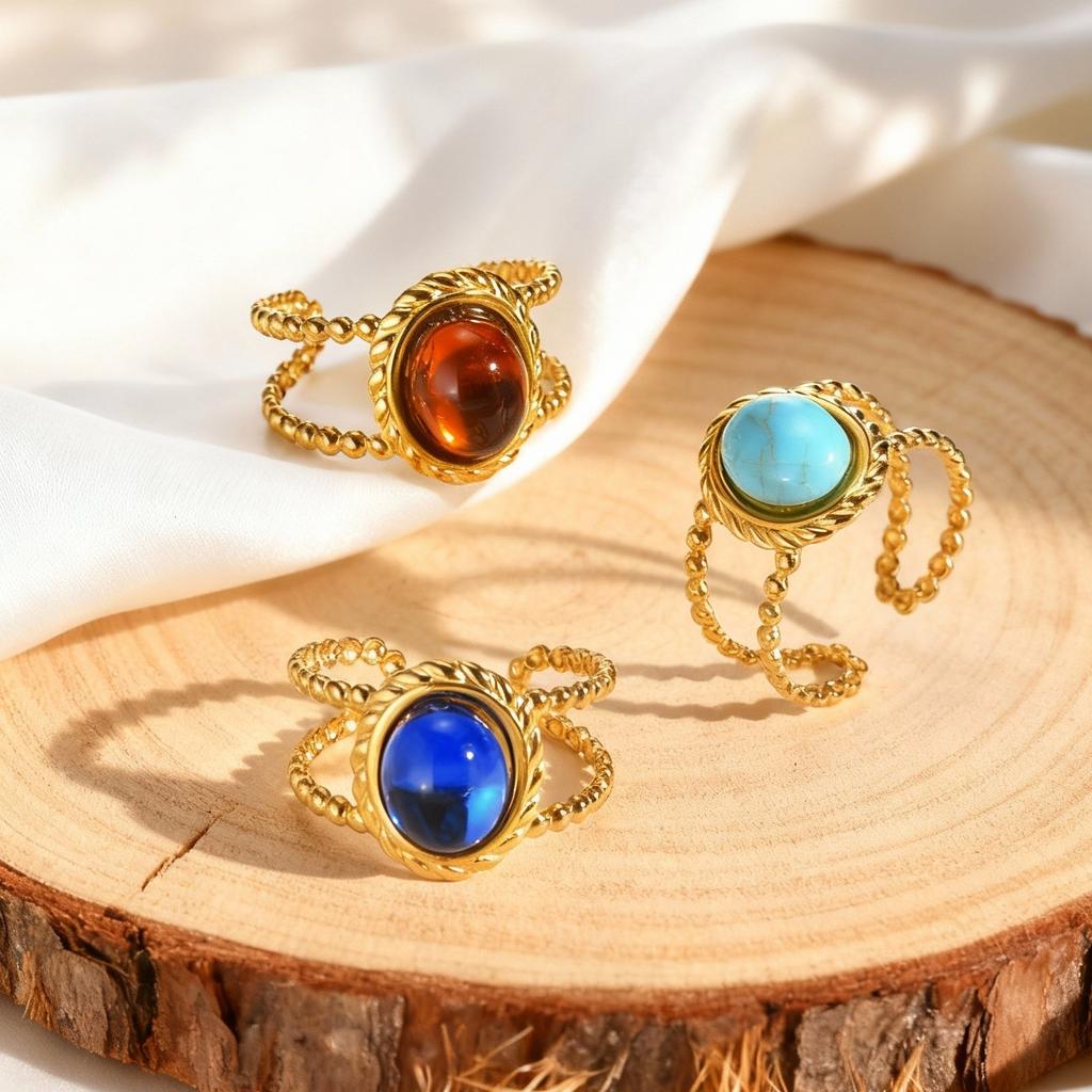 Luxurious Imitation Natural Stone Ring for Women Stainless Steel Twist Texture Opening Rings Retro Finger Jewelry Gift