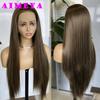 Greenish Brown Silky Straight Wig Synthetic Lace Front Wig Long Straight Natural Hairline Daily Use Cosplay Heat Resistant Fiber