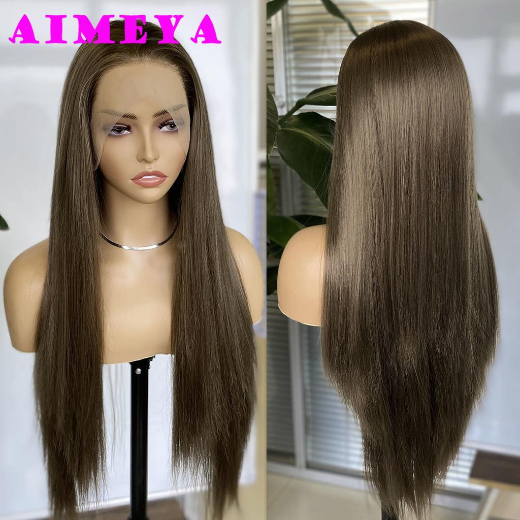 Greenish Brown Silky Straight Wig Synthetic Lace Front Wig Long Straight Natural Hairline Daily Use Cosplay Heat Resistant Fiber