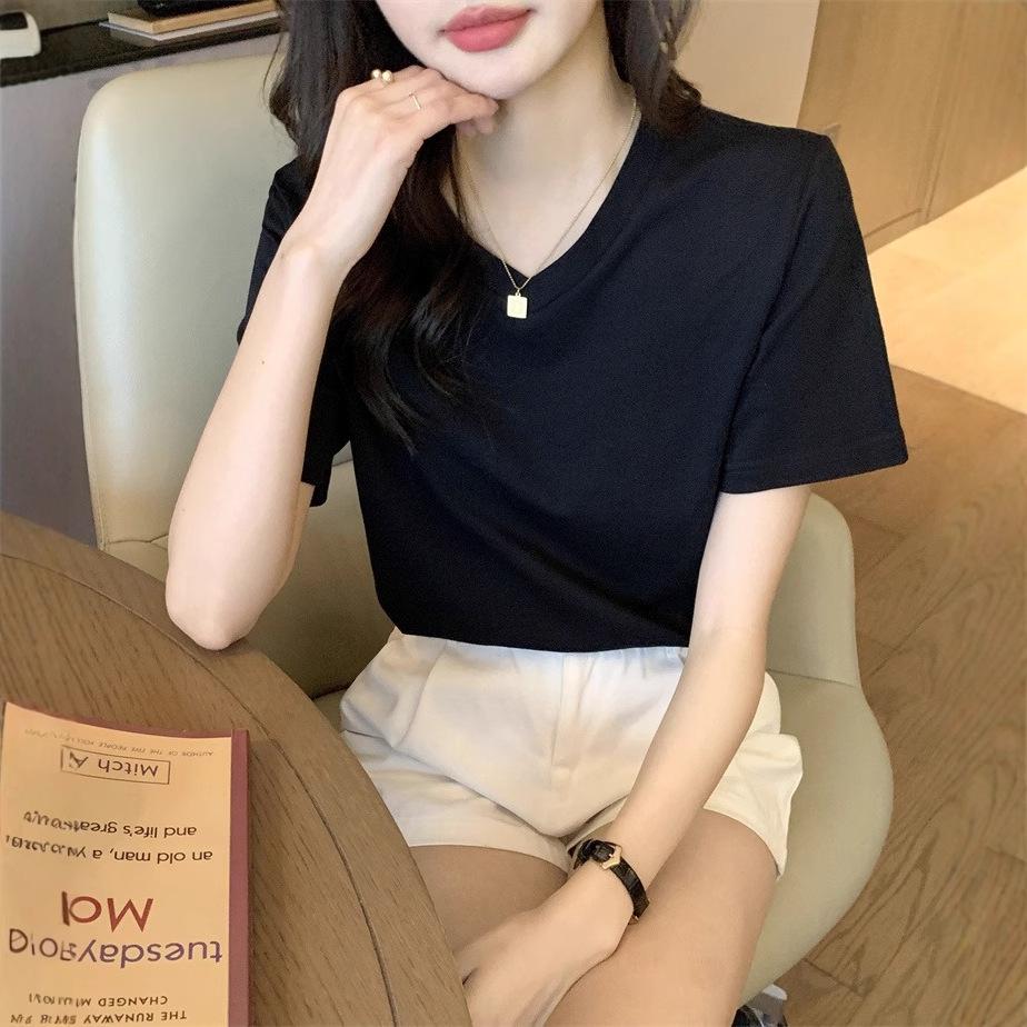 2025 Summer V-Neck Irregular Hem Hot Girl Short Sleeve T-Shirt for Women