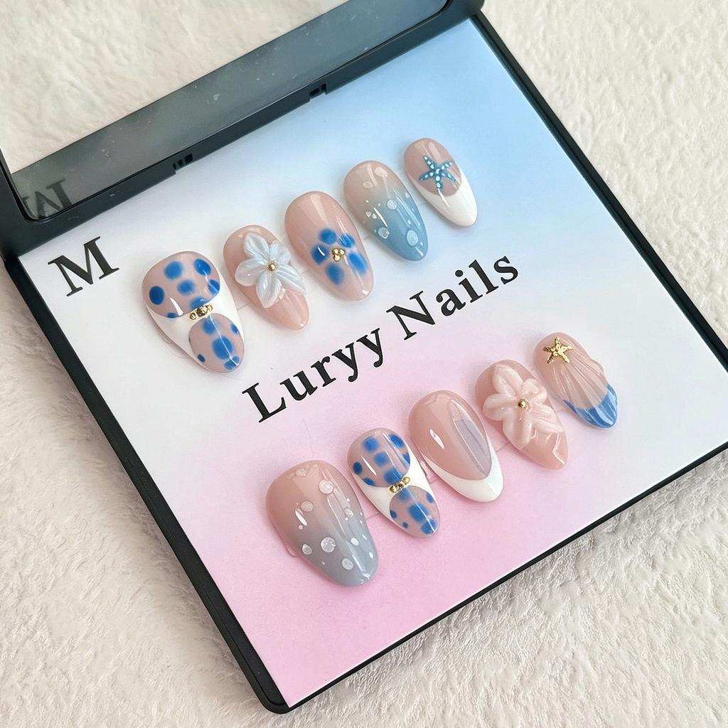 24PCS White Lace French False Nails Simple Black Polka Dots Almond 3D Pink Sweet Flowers Gold Designs Press on Nails Full Cover
