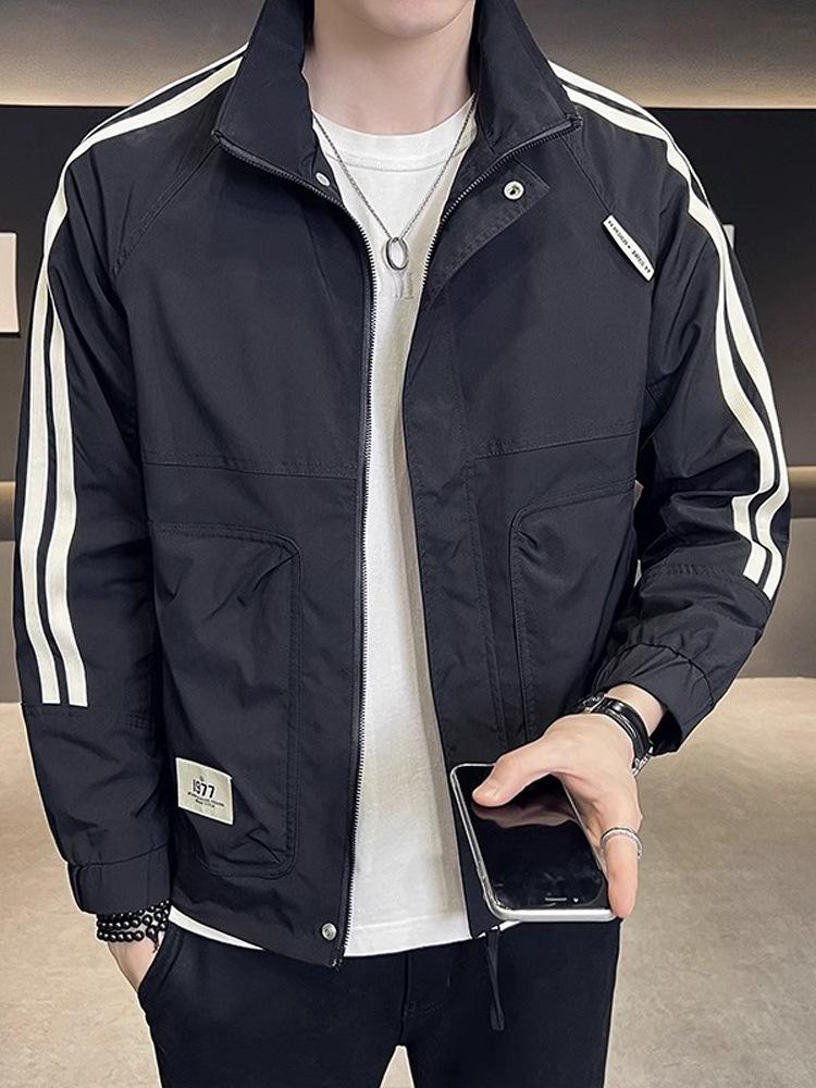 Design striped stand-up collar jacket men's spring and autumn trendy brand ruffian handsome tooling jacket men's 2025 new versatile top