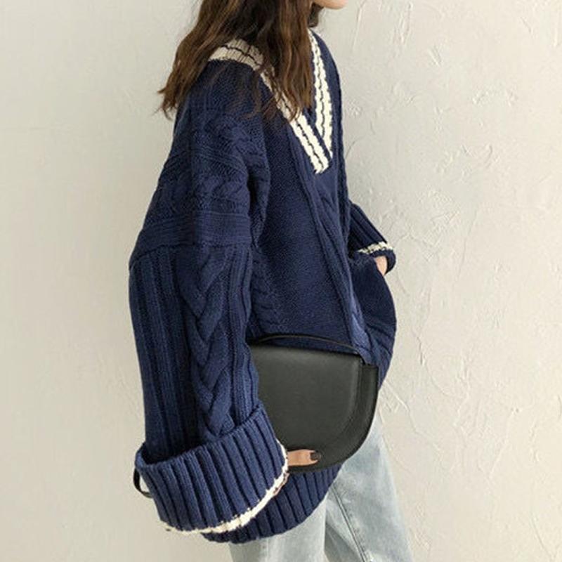 Autumn Winter Fashion V-neck Loose Pullover Sweater Women Long Sleeve Casual Simple Knitted Top Office Solid Color Knitwear Vintage Elegant Clothing