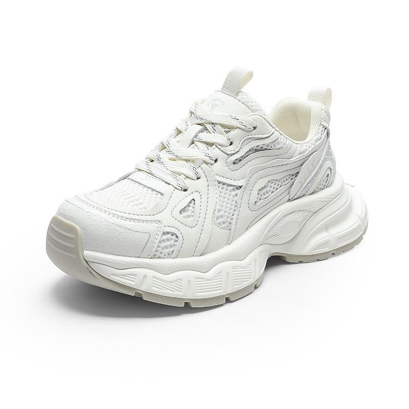 Simple and Fashionable Dad Shoes Women's Spring New Leather Mesh Splicing Breathable Lightweight Platform Sports Shoes