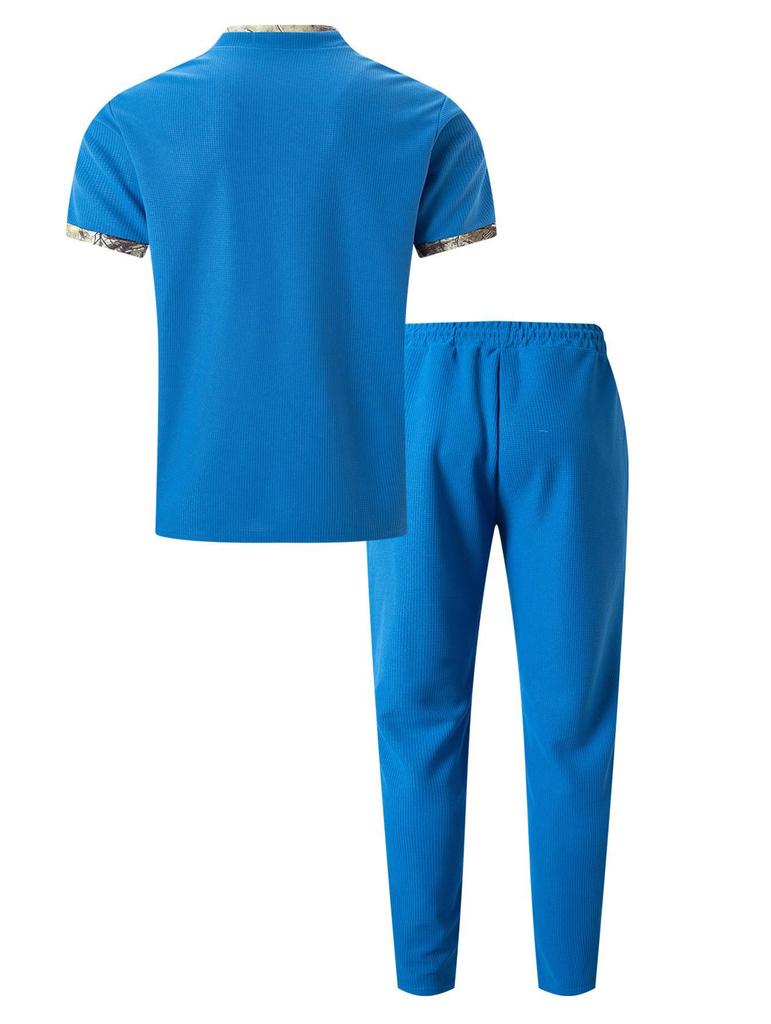 Men's Summer Waffle Stand Collar Two-Piece Set: Color Block Short Sleeve Shirt & Long Pants