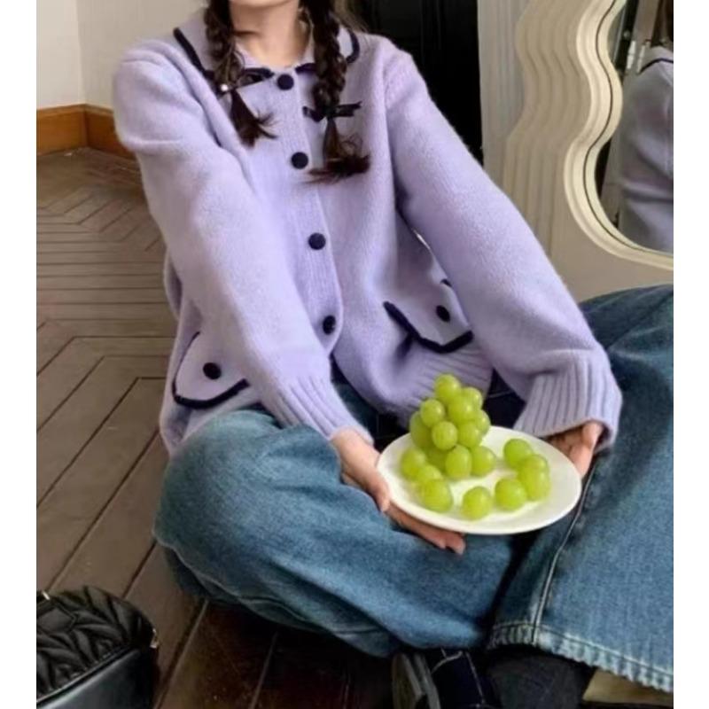 

Autumn new lapel contrasting color design sweater women s gentle wind loose soft waxy fashion versatile knitted cardigan top average size