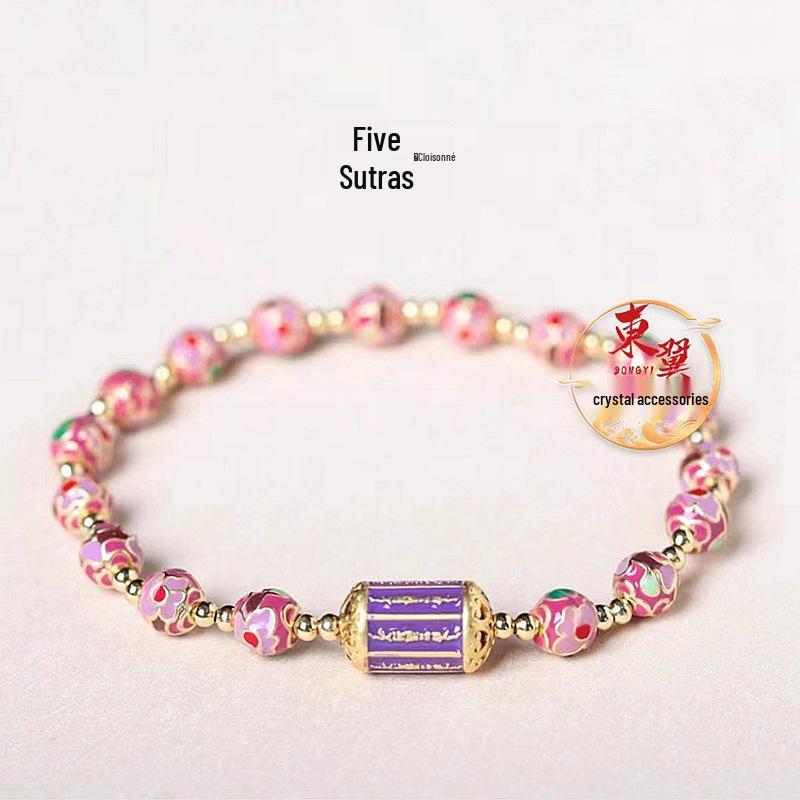 Rose Red Cloisonné Purple Barrel Bead Lucky Bracelet with Gold Foil Glaze