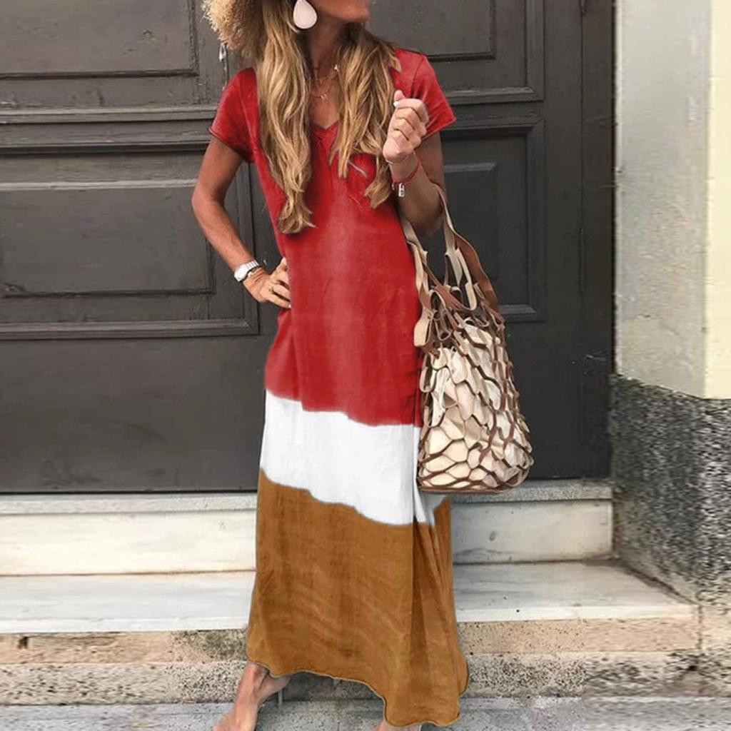Summer Striped Print Casual Dress Women's V-neck Short Sleeve Vintage Dresses for Women Plus Size Beach Boho Loose Maxi Dress