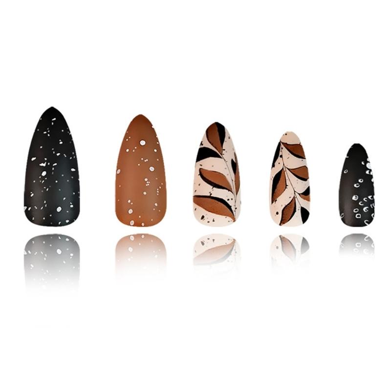 24 Pcs Coffee Leaves Full Cover Stick On Nail Fall False Nail Press On Nail Long Almond Artificial Nail for Women