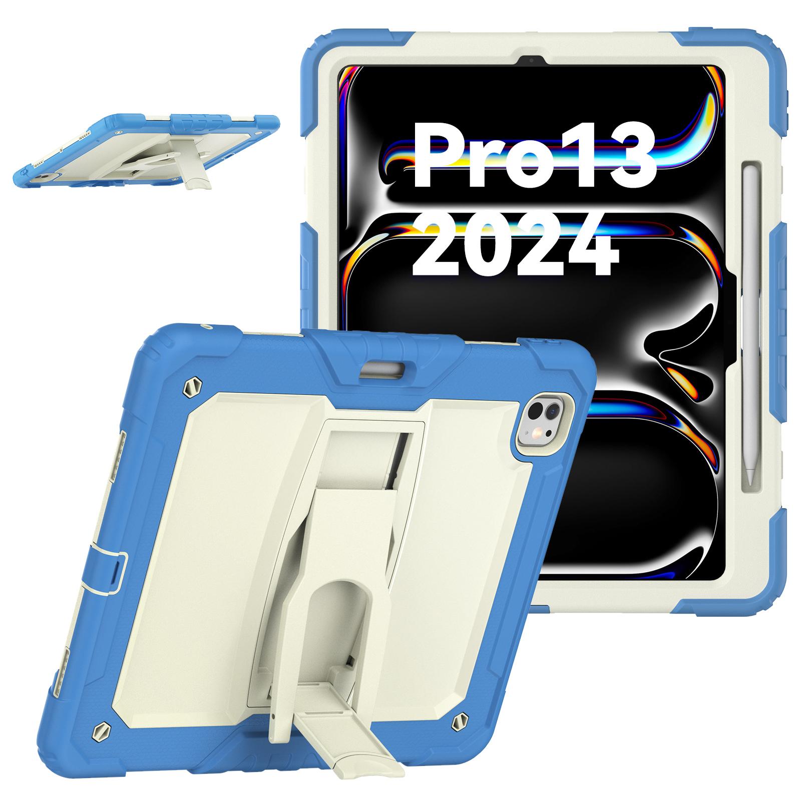 

For iPad Pro 13 (2024) Kickstand Case PC+Silicone Tablet Cover with Pen Slot/Shoulder Strap F