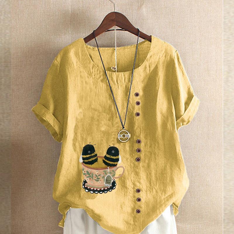 Women's Fashion Cute Bee Print Short Sleeve T-shirt Loose Cotton Shirt Casual Loose Summer Blouse Tops Plus Size