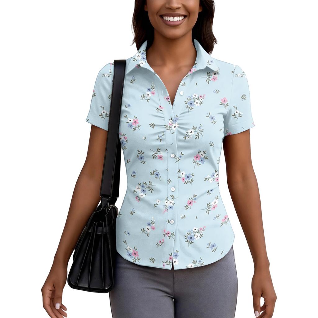 Women's Short Sleeve Button Down Shirt Slim Fit Collared Blouse Lightweight Casual Workwear Top for Summer