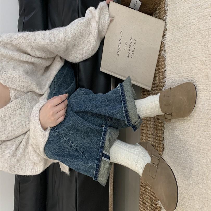 Retro Doudou Shoes Women's Velvet 2025 Autumn and Winter New Simple Soft Sole Round Head Flat Bottom Casual One-pedal Women's Single Shoes