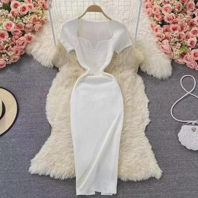 Slim Square Neck Knitted Dress with Short Sleeves - 2025 Summer Style, Sexy and Elegant Long Skirt