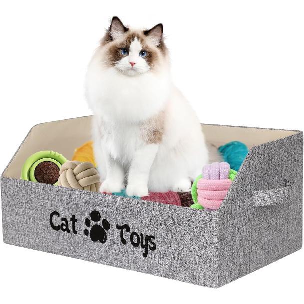 19.7 in Cat Toy Bin, Cat Toy Storage Box Kitten Toy Basket Collapsible Pet Supplies Storage Chest Holder Organizer with Handles for Organizing Dogs