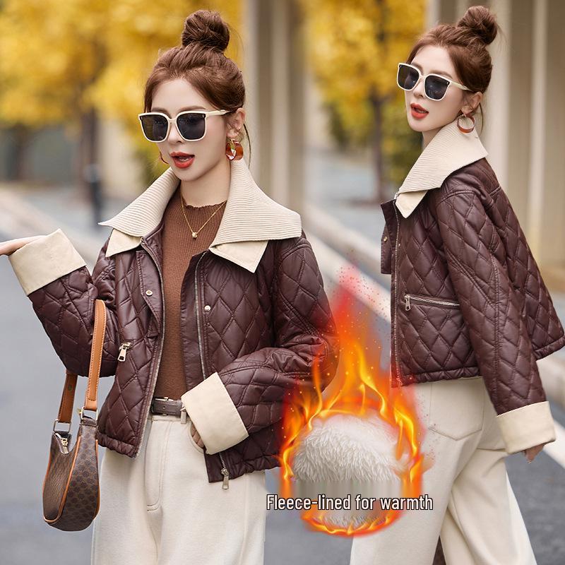 

Женская зимняя модная кожаная куртка: Толстое, теплое пальто на флисовой подкладке с большим лацканом L (55-63 kg)