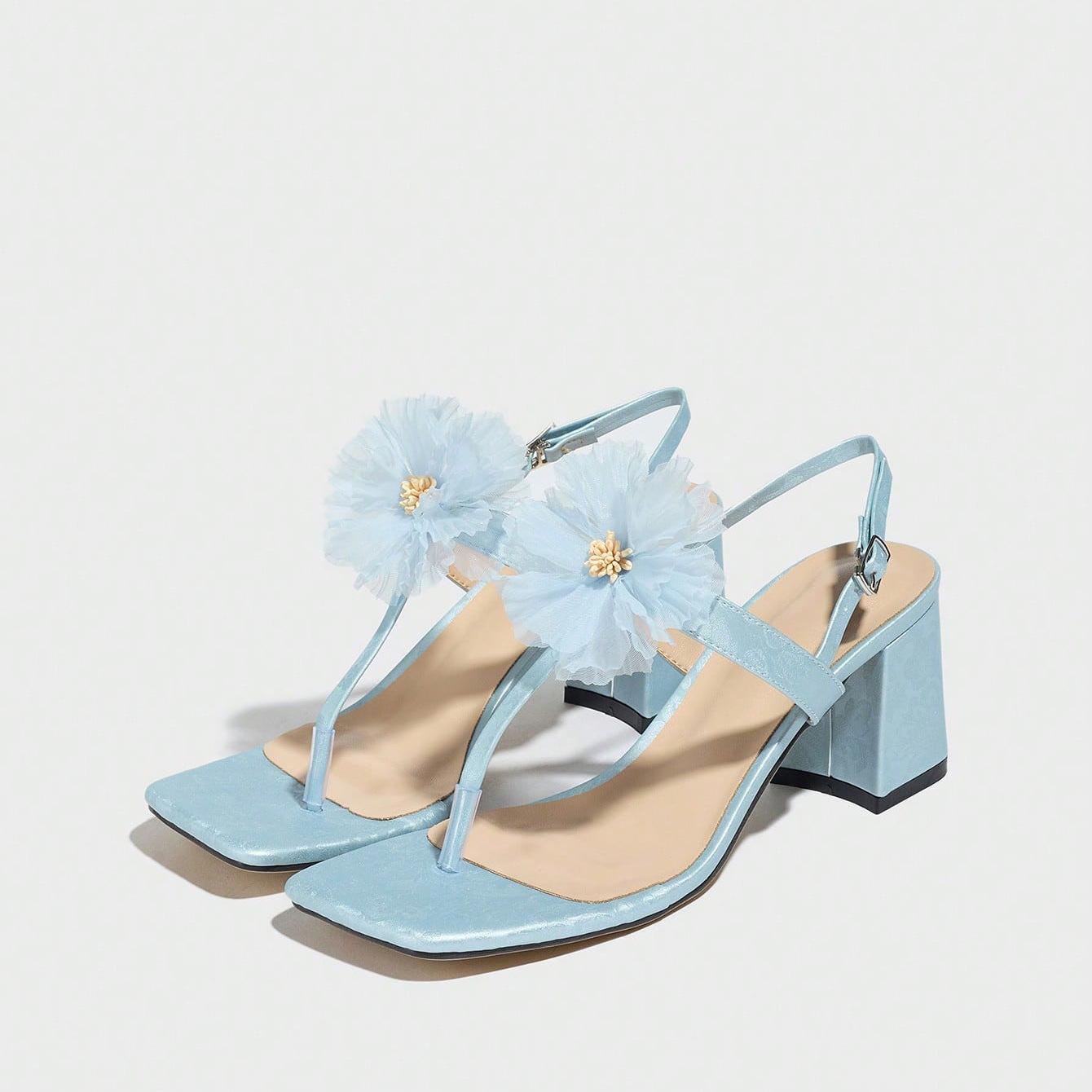 

Square Toe Lace Flower High Heel Sandals Women s New Chunky Heel Sky Blue Sandals for Women Beach Party Dress Shoes Fashion 43 небо синє кольору