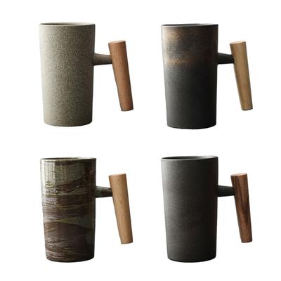 Japanese-style Vintage Ceramic Coffee Mug Tea Milk Beer Mug with Wood Handle