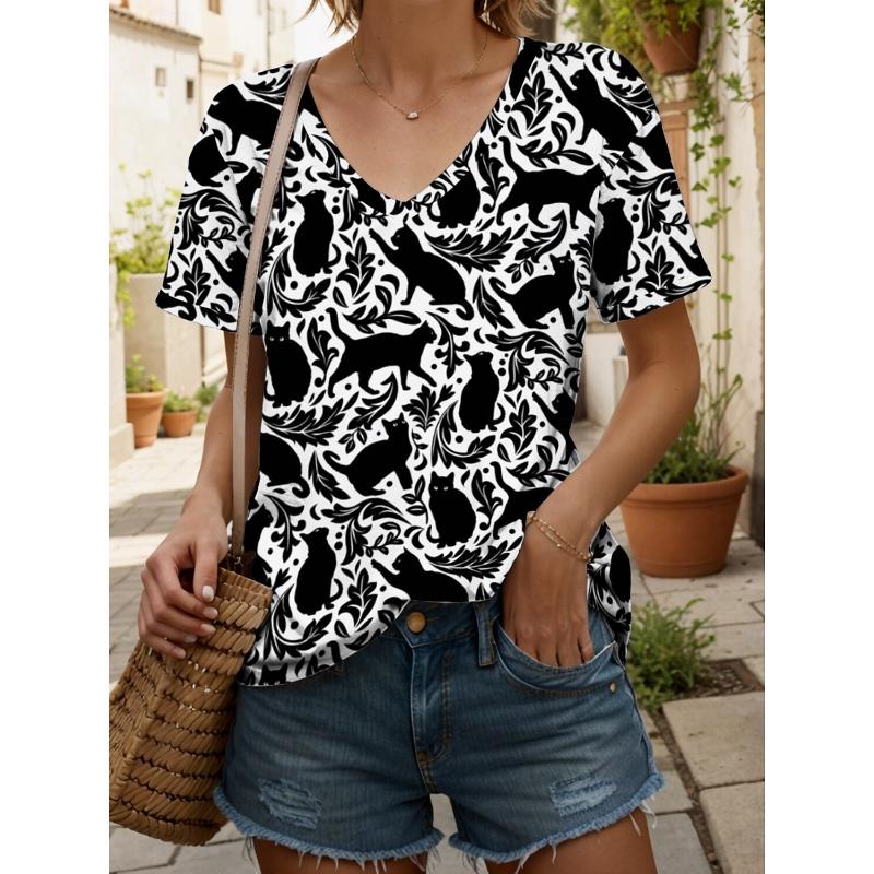 2025 Women's T-Shirt Kawaii Cat Graphic Fashion Short Sleeved V-Neck Regular Tops Daily Print Tee Summer Spring casual Tops