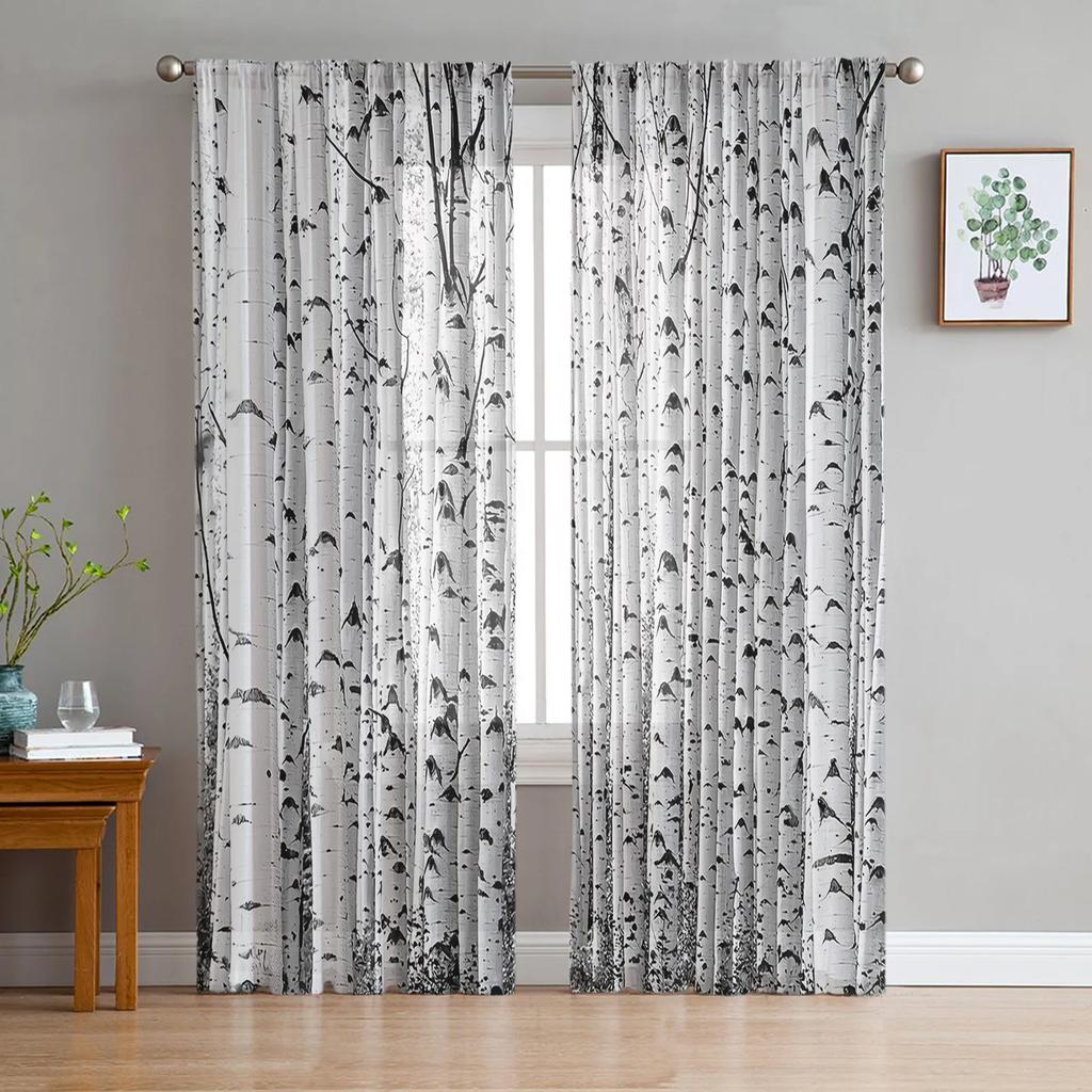 Plant Birch Tree Green Forest Chiffon Curtains Living Room Bedroom Home Decoration Window Voiles Tulle Curtain Sheer Made Of Polyester Sitting Decor