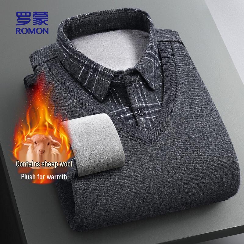 ROMON Men's Fleece-Lined Wool Blend Knit Shirt Collar Sweater