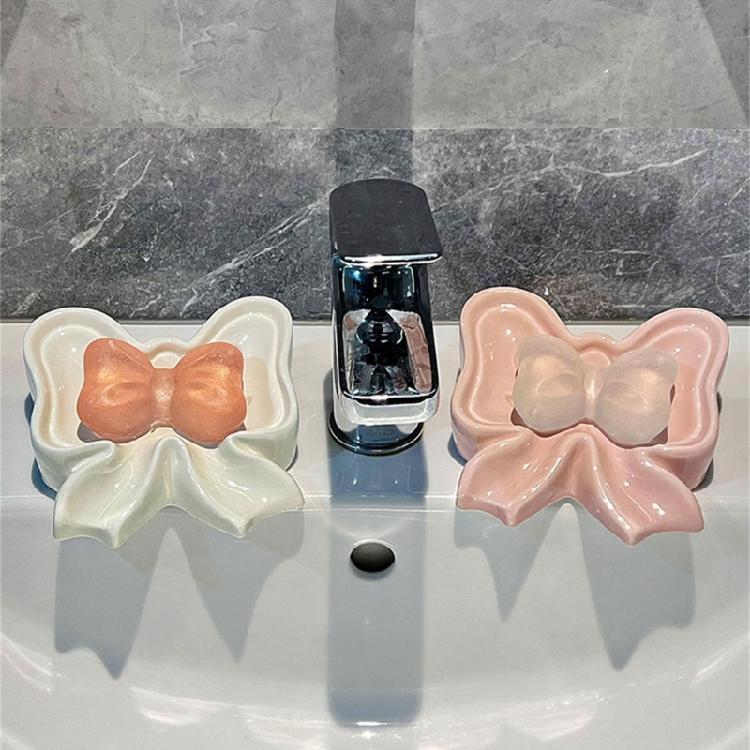 Ceramic Soap Holders with Bows Drainages Enhanceds Design Bathroom Counter Organizers Decorative Sink Tray