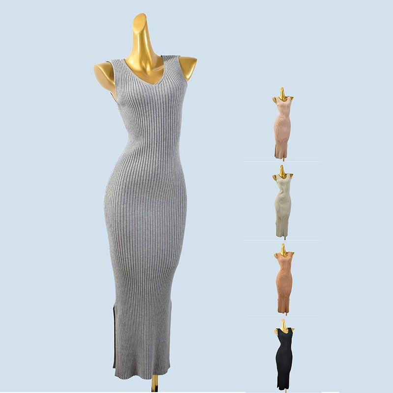 Double V Neck Knitting Sweater Soft Glutinous Stretch Fall/Winter Slim Slim Looking Pure Color Sleeveless Vest Dress Sheath Split