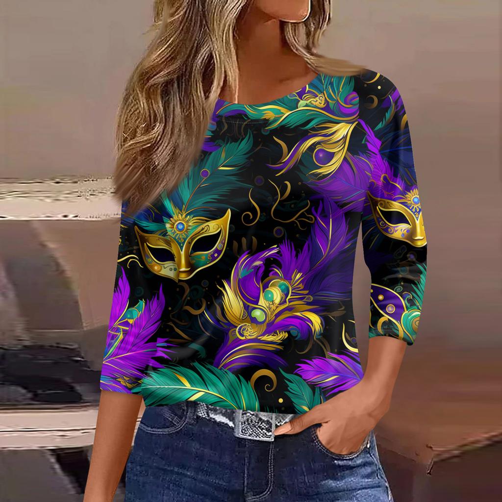 3/4 Length Sleeve Womens Tops Floral Print Vintage Fashion Casual Loose With Round Neck Plus Size Shirts