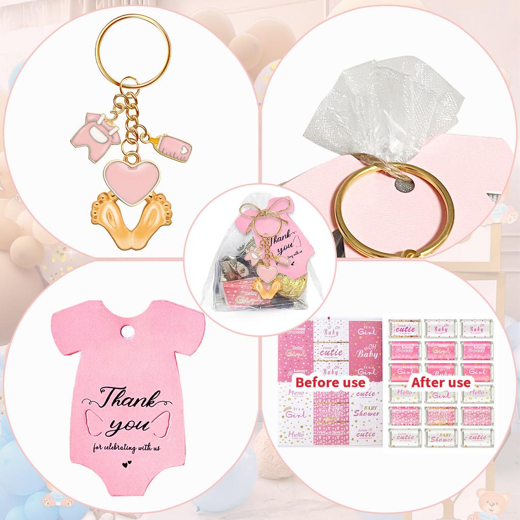 6/20Pcs Baby Foot Keychains Metal Keychain Set with Wrapping Sticker Drawstring Bag and Thank You Label For Baby Showers
