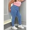Women's Plus Size High Stretch Blue Pencil Jeans High Waist Straight Full Length Washed Denim Pants Skinny Fit for Mom Daughter