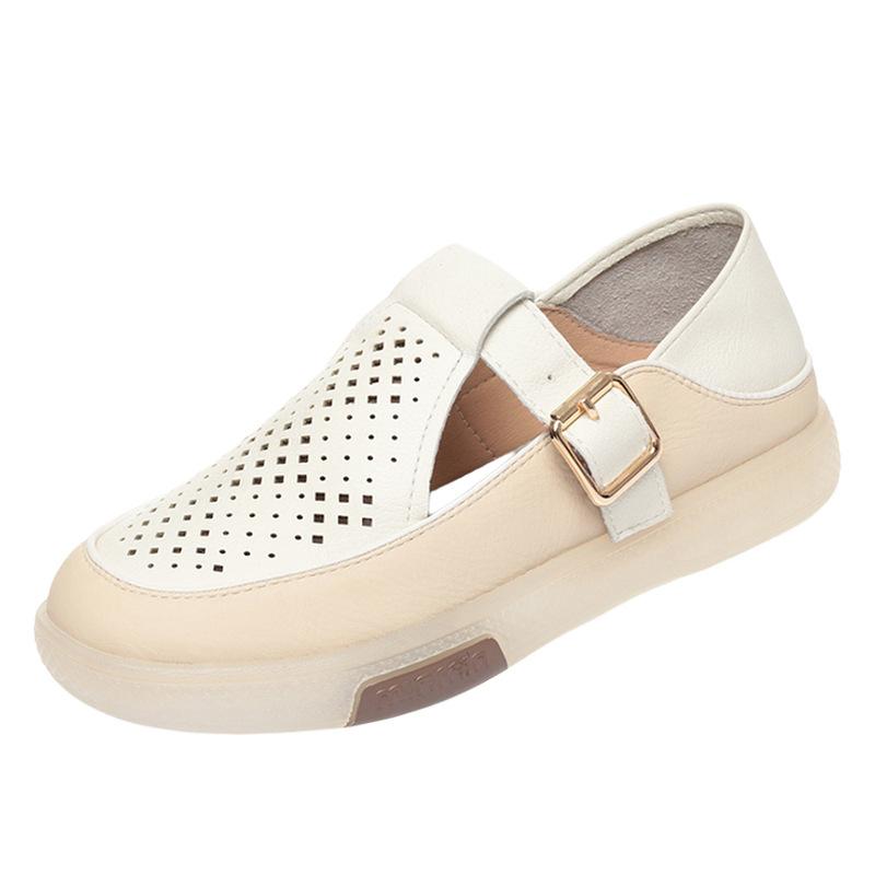 Mom Shoes Comfortable Flat Shoes For Women Hollow Hole Middle-Aged And Elderly Women's Shoes Summer Soft-Soled Leather Shoes