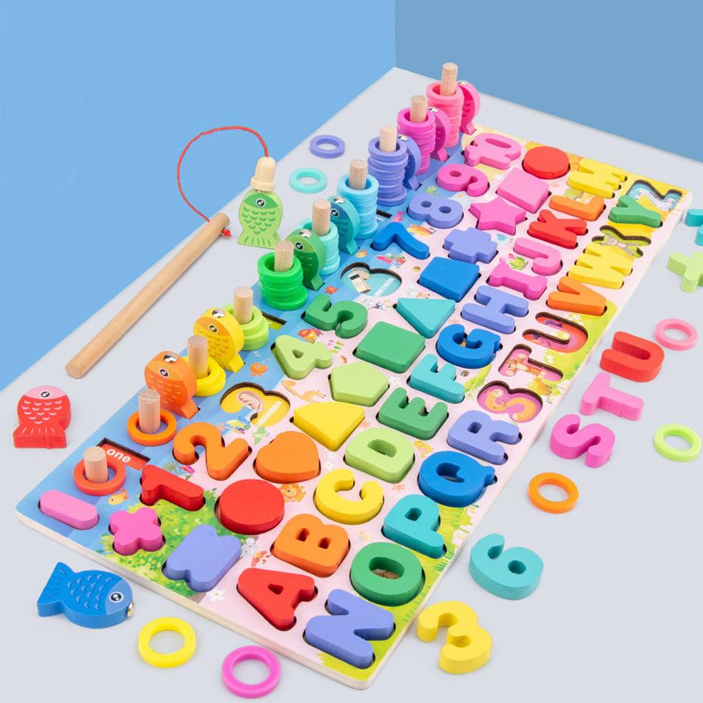 Wooden Number Puzzle Shape Sorter Counting & Matching Game Magnetic Fishing Game Logarithmic Board Montessori Toy for