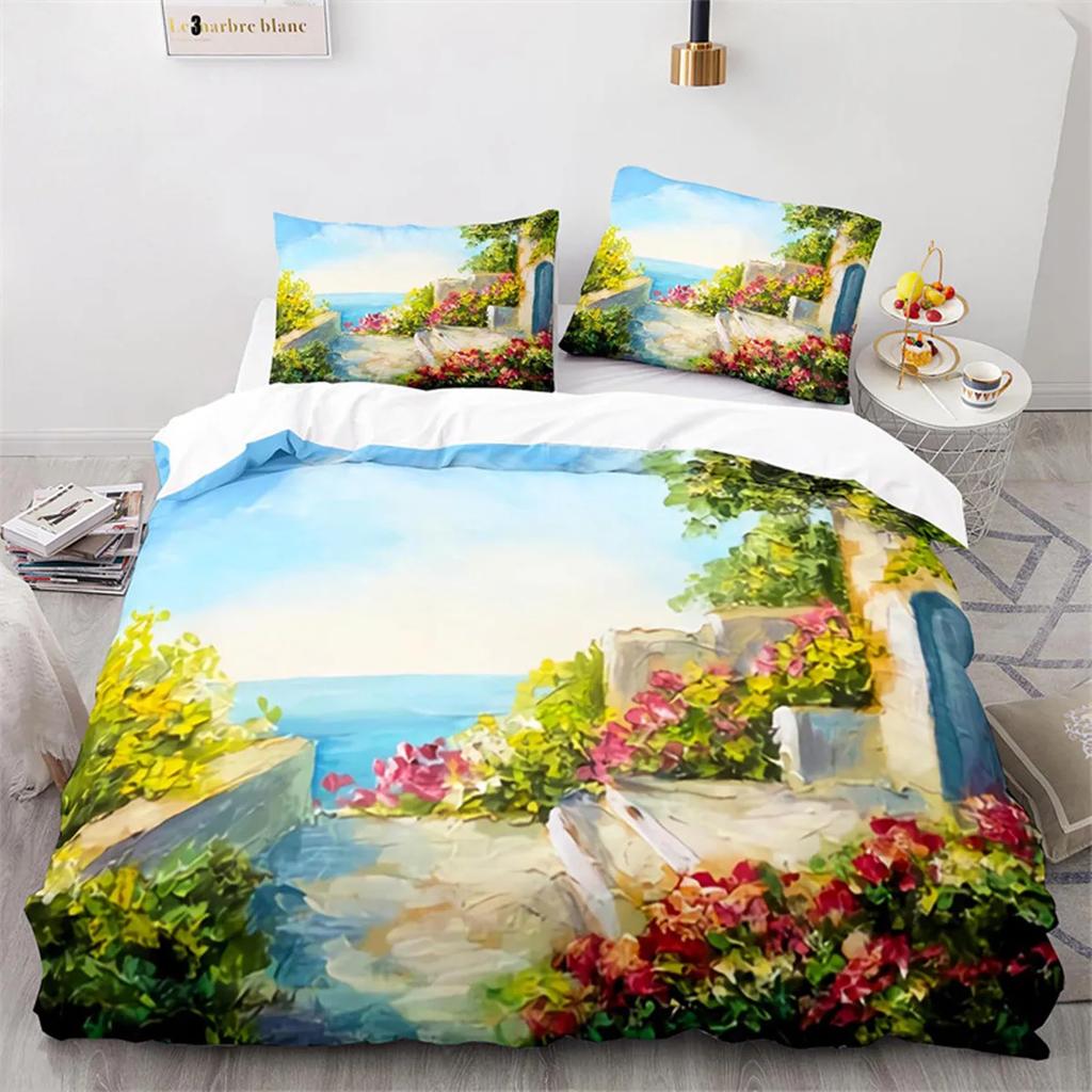 Oil Painting Duvet Cover Abstract Art Print Boat Sunset Animals And Plants Microfiber Landscape Tree Bedroom Decoration Children