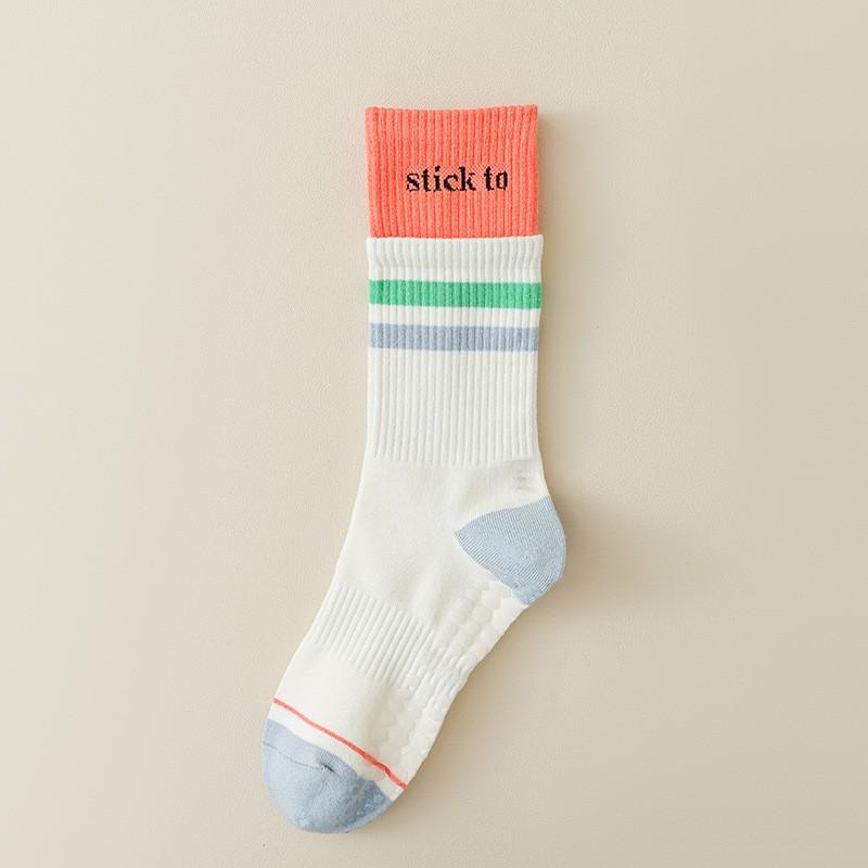 Non-Slip Yoga Socks Women Cotton Mid-Calf Stripe Pilates Breathable Anti-Slip Grip Sole White