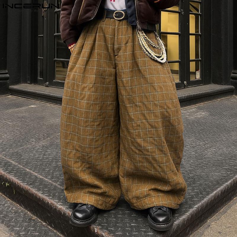 INCERUN Men Casual Zip-up Waist Plaid Wide Legs Pants Long Trousers