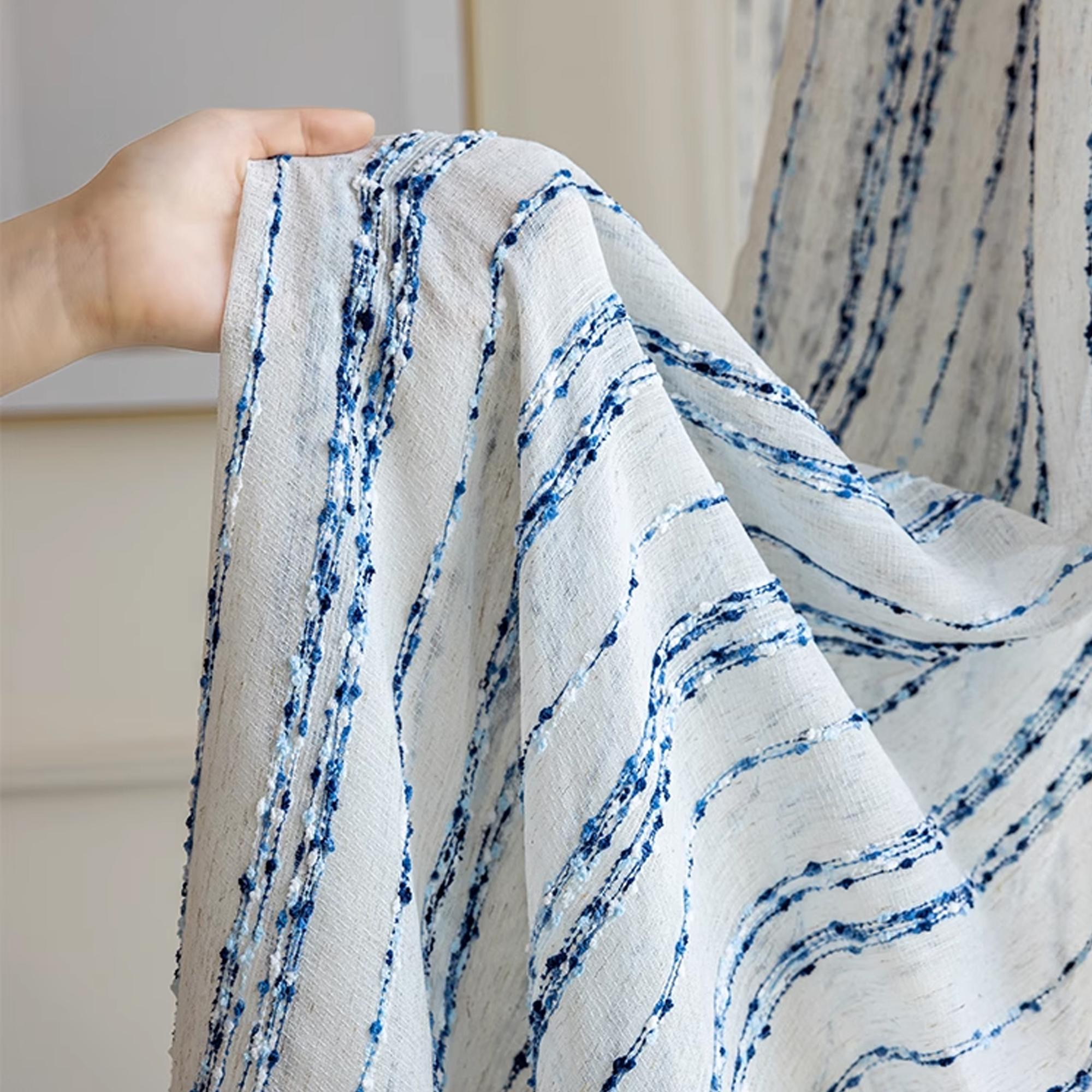 Blauw En Wit Gestreept Katoen en Linnen Gordijnen, Driedimensionale Textuur, Lichtdoorlatend Gaasgordijn W132xH213cm&Grommet Top